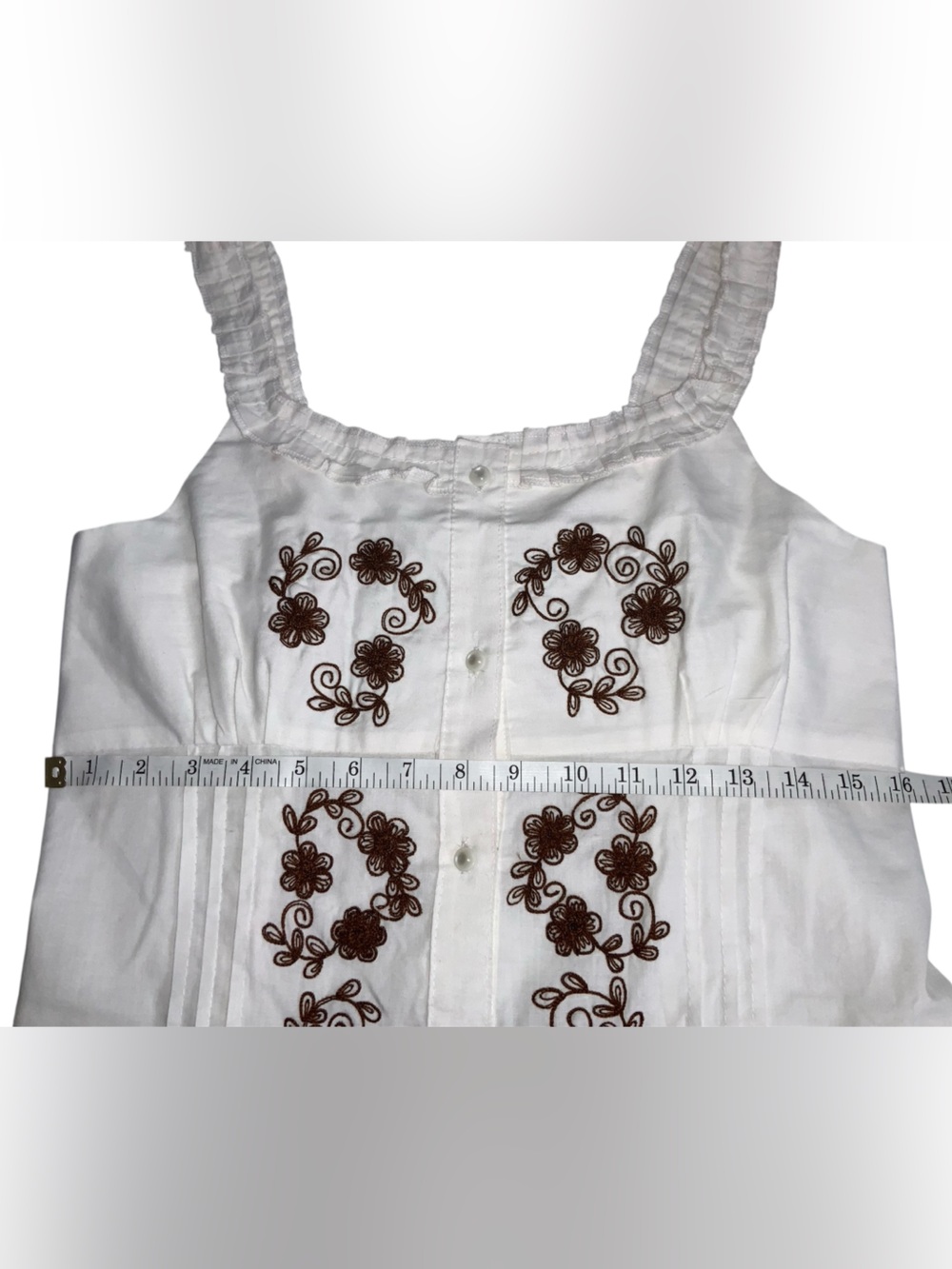 Hand made it White Sleeveless Button Front Top with Brown Floral Embroidery - Picture 6 of 6